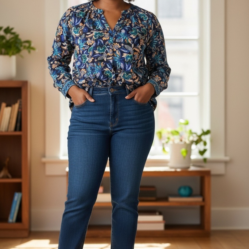 J. Jill Blue Border Printed A-Line Top